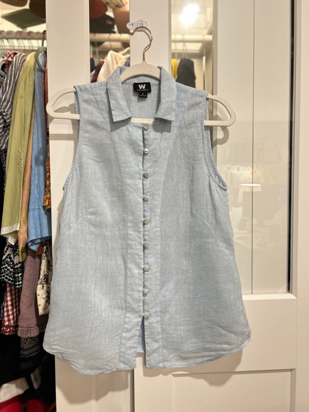 W by Worth Pale Blue Sleeveless Linen Button-Down Top